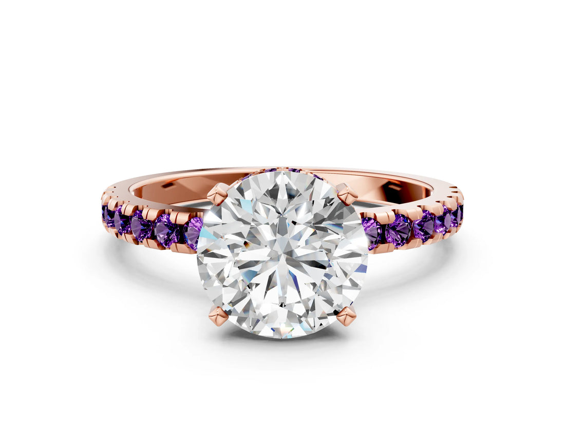 Rose gold Round Cut Diamond Solitaire Ring with Round with Amethyst side stone Pavé Band and Four-Prong Setting_36