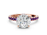 Rose gold Round Cut Diamond Solitaire Ring with Round with Amethyst side stone Pavé Band and Four-Prong Setting_36