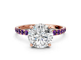 Rose gold Round Cut Diamond Solitaire Ring with Round with Amethyst side stone Pavé Band and Prong Setting_12
