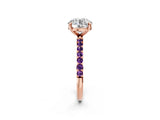 Rose gold Round Cut Diamond Solitaire Ring with Round with Amethyst side stone Pavé Band and Prong Setting_14
