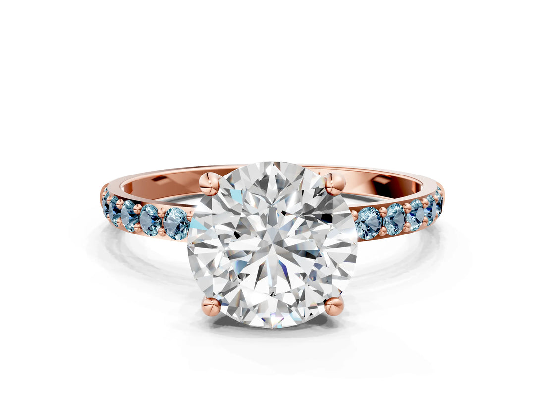 Rose gold Round Cut Diamond Solitaire Ring with Round with Aquamarine side stone Pavé Band and Prong Setting_24