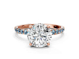 Rose gold Round Cut Diamond Solitaire Ring with Round with Aquamarine side stone Pavé Band and Prong Setting_24