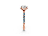 Rose gold Round Cut Diamond Solitaire Ring with Round with Aquamarine side stone Pavé Band and Prong Setting_26