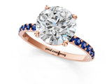 Rose gold Round Cut Diamond Solitaire Ring with Round with Blue Sapphire side stone Pavé Band and Prong Setting_13