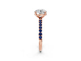 Rose gold Round Cut Diamond Solitaire Ring with Round with Blue Sapphire side stone Pavé Band and Prong Setting_14