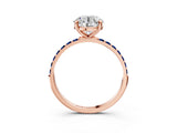 Rose gold Round Cut Diamond Solitaire Ring with Round with Blue Sapphire side stone Pavé Band and Prong Setting_15