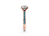 Rose gold Round Cut Diamond Solitaire Ring with Round with Blue Topaz side stone Pavé Band and Four-Prong Setting_38