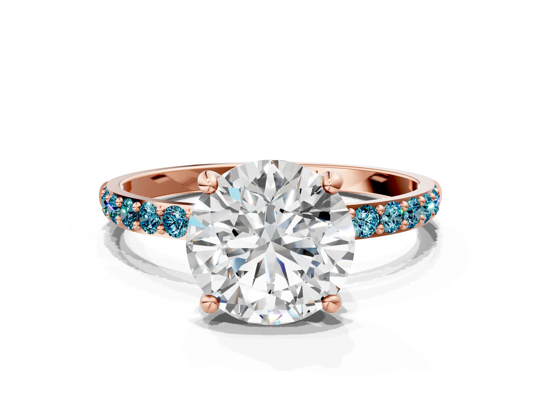 Rose gold Round Cut Diamond Solitaire Ring with Round with Blue Topaz side stone Pavé Band and Prong Setting_12