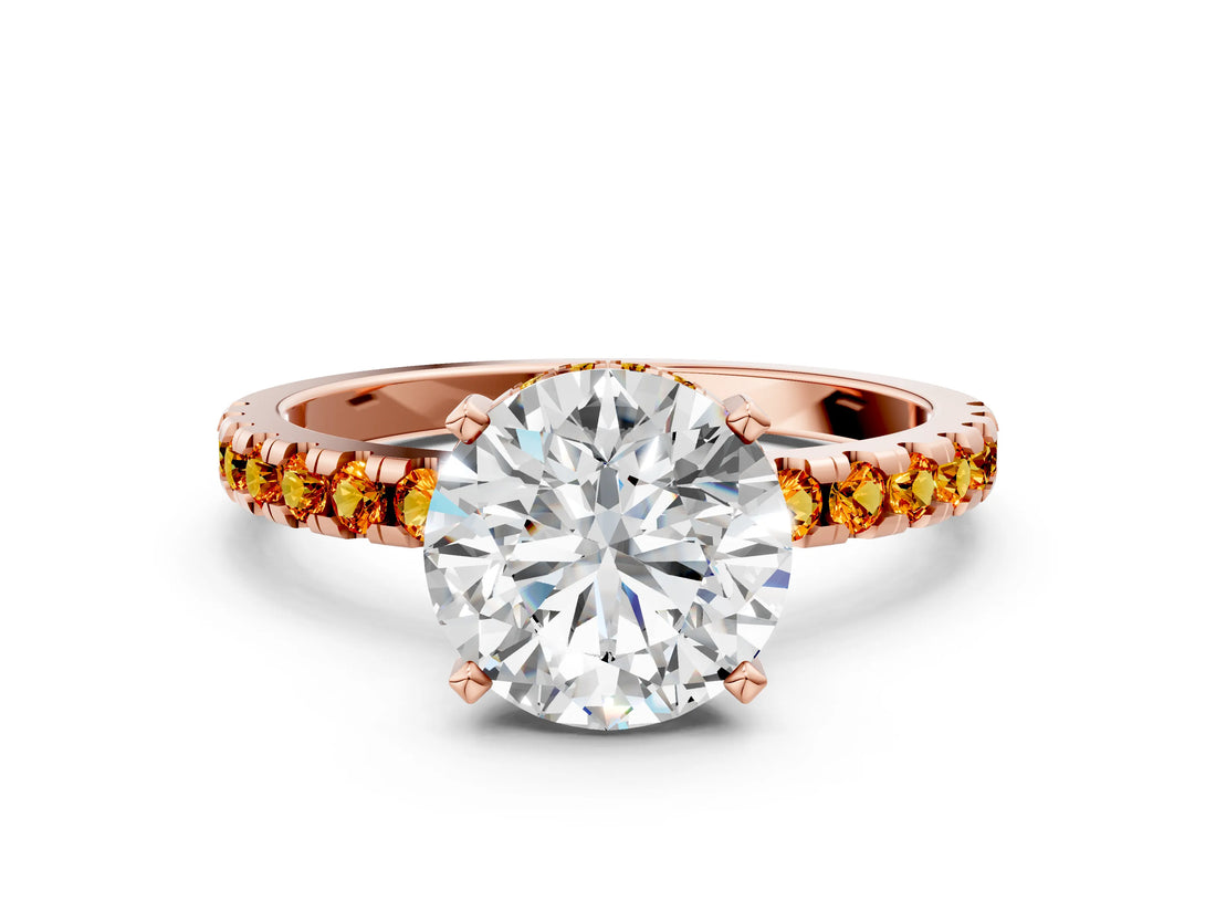 Rose gold Round Cut Diamond Solitaire Ring with Round with Citrine side stone Pavé Band and Four-Prong Setting_36