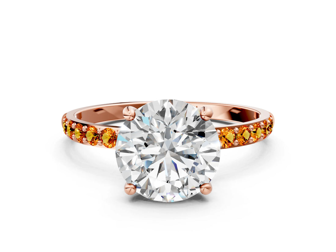 Rose gold Round Cut Diamond Solitaire Ring with Round with Citrine side stone Pavé Band and Prong Setting_12