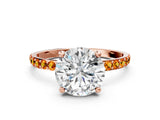 Rose gold Round Cut Diamond Solitaire Ring with Round with Citrine side stone Pavé Band and Prong Setting_12