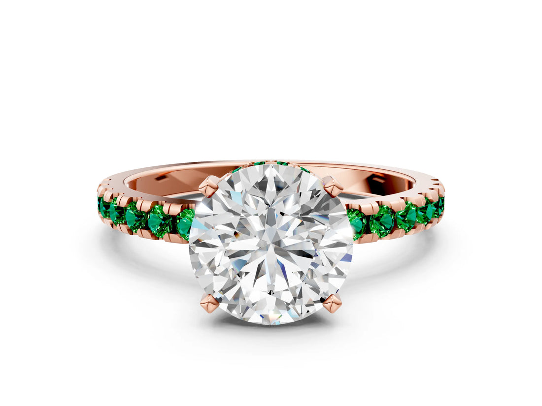 Rose gold Round Cut Diamond Solitaire Ring with Round with Emerald side stone Pavé Band and Four-Prong Setting_36
