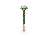 Rose gold Round Cut Diamond Solitaire Ring with Round with Emerald side stone Pavé Band and Four-Prong Setting_38
