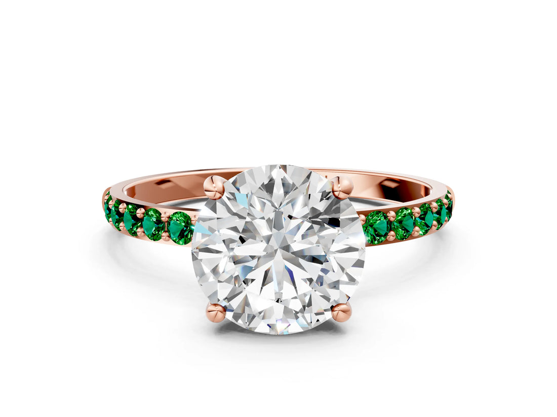 Rose gold Round Cut Diamond Solitaire Ring with Round with Emerald side stone Pavé Band and Prong Setting_24