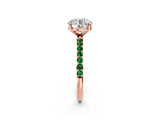 Rose gold Round Cut Diamond Solitaire Ring with Round with Emerald side stone Pavé Band and Prong Setting_26