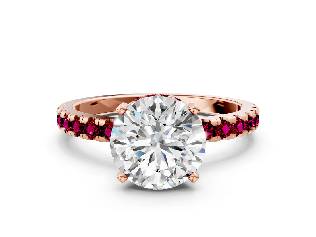 Rose gold Round Cut Diamond Solitaire Ring with Round with Garnet side stone Pavé Band and Four-Prong Setting_36