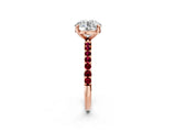 Rose gold Round Cut Diamond Solitaire Ring with Round with Garnet side stone Pavé Band and Prong Setting_2