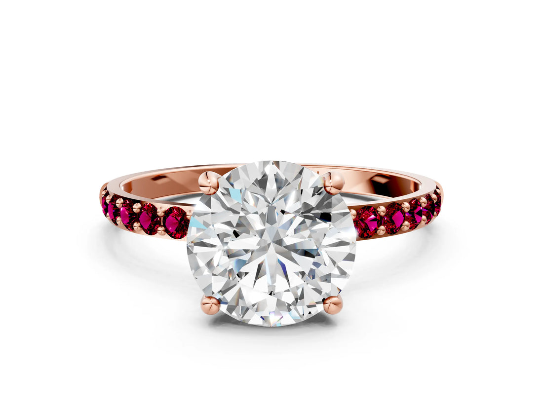 Rose gold Round Cut Diamond Solitaire Ring with Round with Garnet side stone Pavé Band and Prong Setting_24