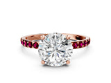 Rose gold Round Cut Diamond Solitaire Ring with Round with Garnet side stone Pavé Band and Prong Setting_24