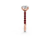 Rose gold Round Cut Diamond Solitaire Ring with Round with Garnet side stone Pavé Band and Prong Setting_26