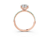 Rose gold Round Cut Diamond Solitaire Ring with Round with Green Sapphire side stone Pavé Band and Prong Setting_3