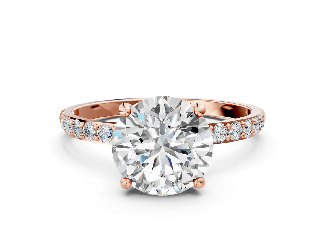 Rose gold Round Cut Diamond Solitaire Ring with Round with Moissanite side stone Pavé Band and Prong Setting_12