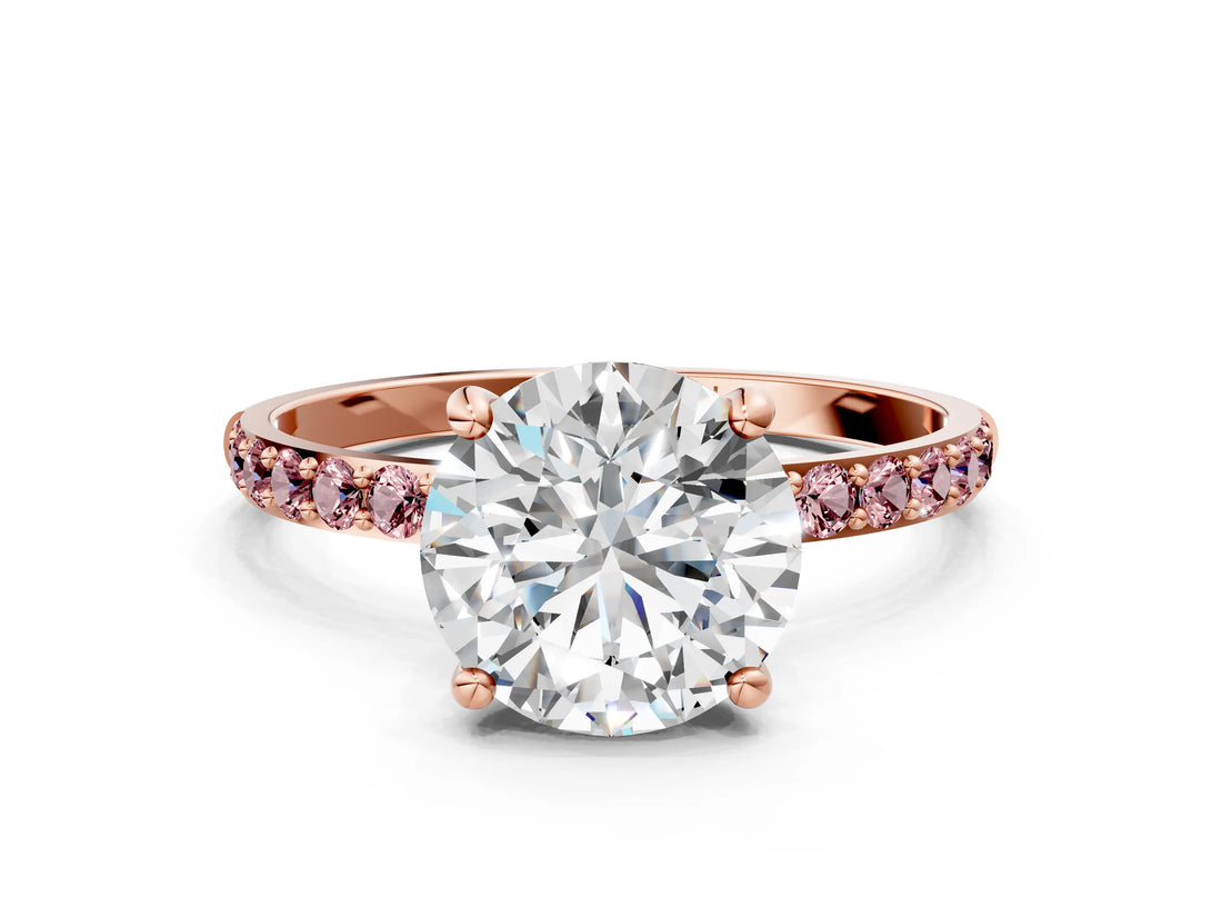 Rose gold Round Cut Diamond Solitaire Ring with Round with Morganite side stone Pavé Band and Prong Setting_12