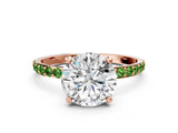 Rose gold Round Cut Diamond Solitaire Ring with Round with Peridot side stone Pavé Band and Prong Setting