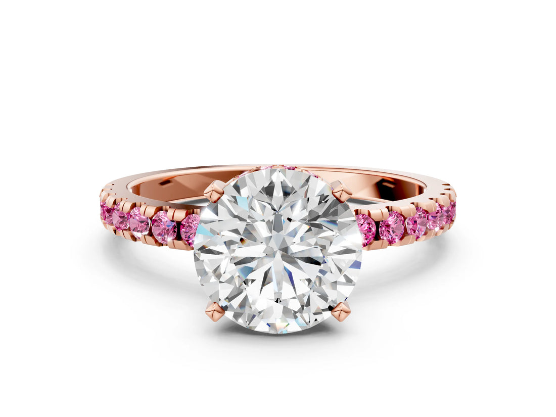 Rose gold Round Cut Diamond Solitaire Ring with Round with Pink Sapphire side stone Pavé Band and Four-Prong Setting_36