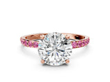 Rose gold Round Cut Diamond Solitaire Ring with Round with Pink Sapphire side stone Pavé Band and Prong Setting_12