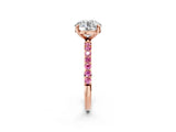 Rose gold Round Cut Diamond Solitaire Ring with Round with Pink Sapphire side stone Pavé Band and Prong Setting_14