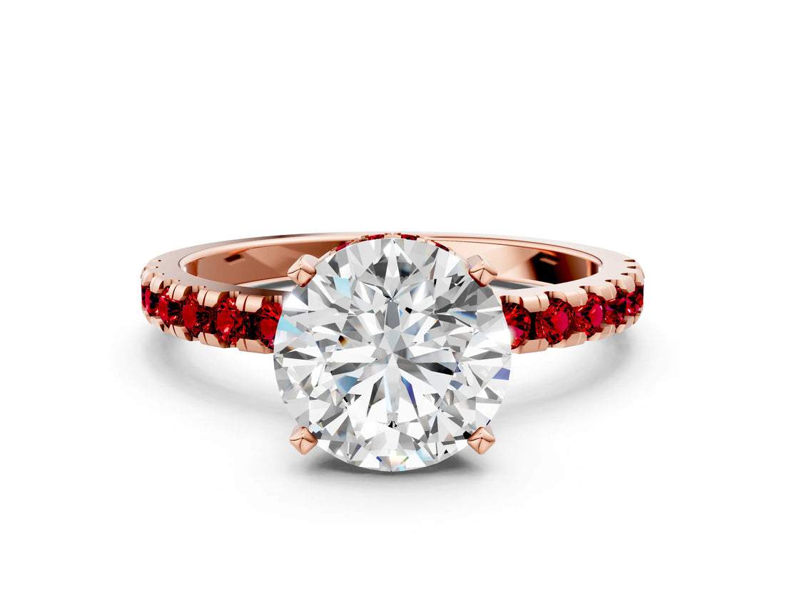 Rose gold Round Cut Diamond Solitaire Ring with Round with Ruby side stone Pavé Band and Four-Prong Setting_36
