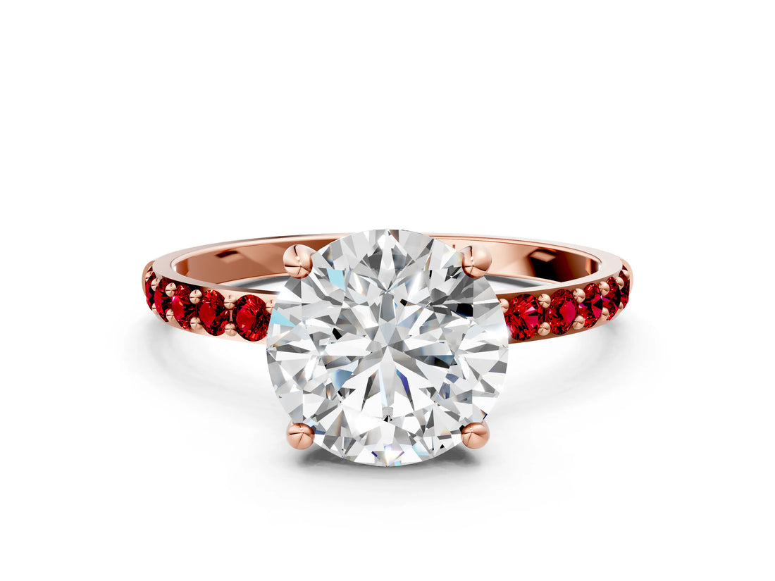 Rose gold Round Cut Diamond Solitaire Ring with Round with Ruby side stone Pavé Band and Prong Setting_24