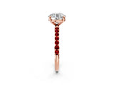 Rose gold Round Cut Diamond Solitaire Ring with Round with Ruby side stone Pavé Band and Prong Setting_26