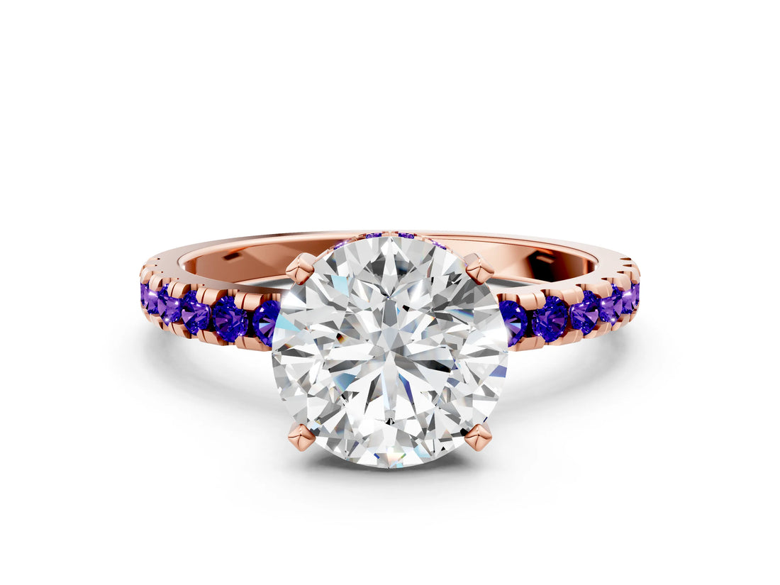 Rose gold Round Cut Diamond Solitaire Ring with Round with Tanzanite side stone Pavé Band and Four-Prong Setting_36