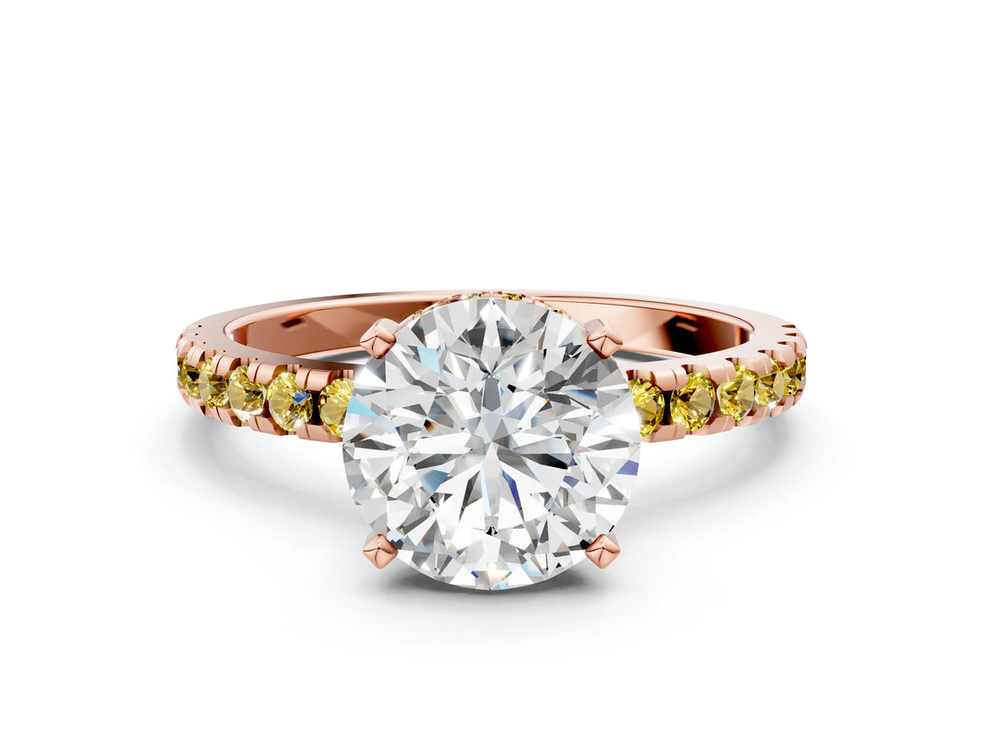 Rose gold Round Cut Diamond Solitaire Ring with Round with Yellow Sapphire side stone Pavé Band and Four-Prong Setting_36