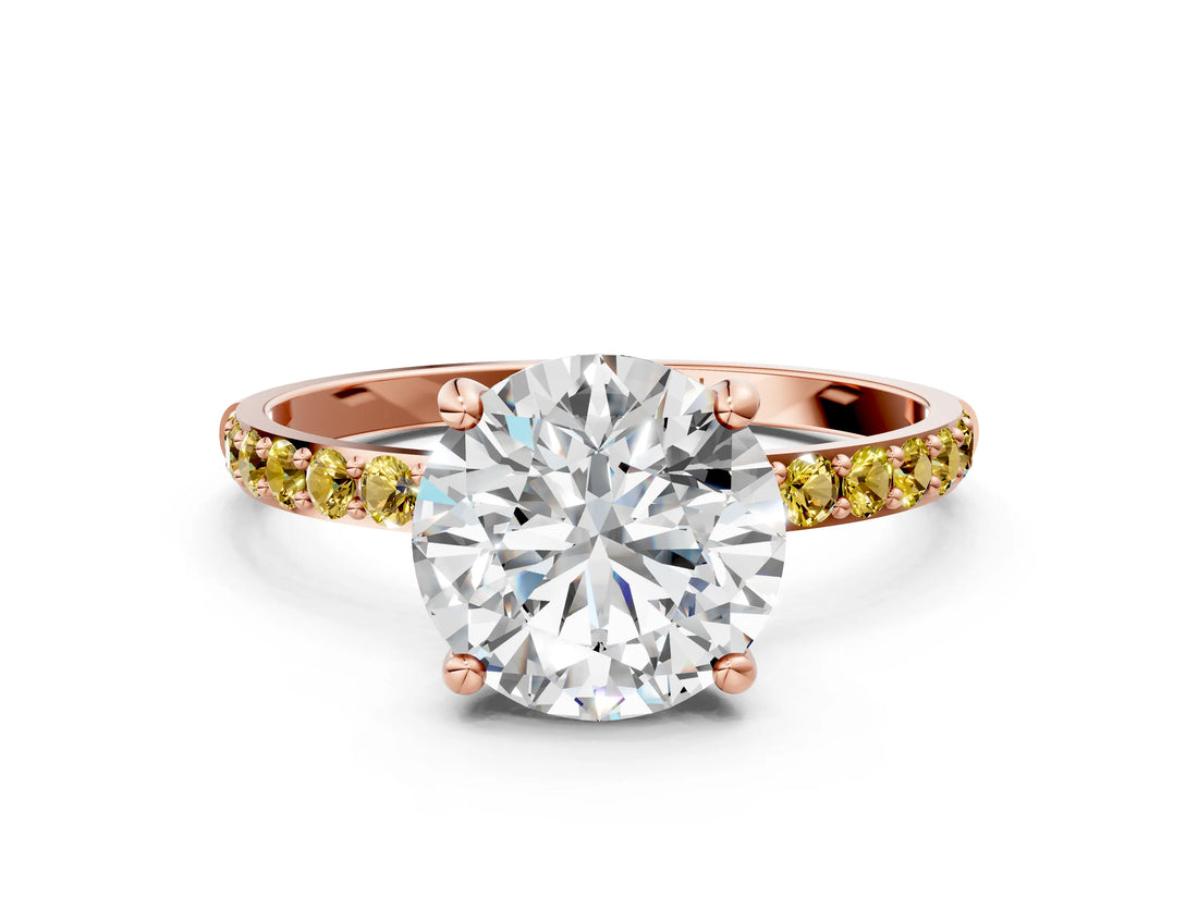 Rose gold Round Cut Diamond Solitaire Ring with Round with Yellow Sapphire side stone Pavé Band and Prong Setting_12