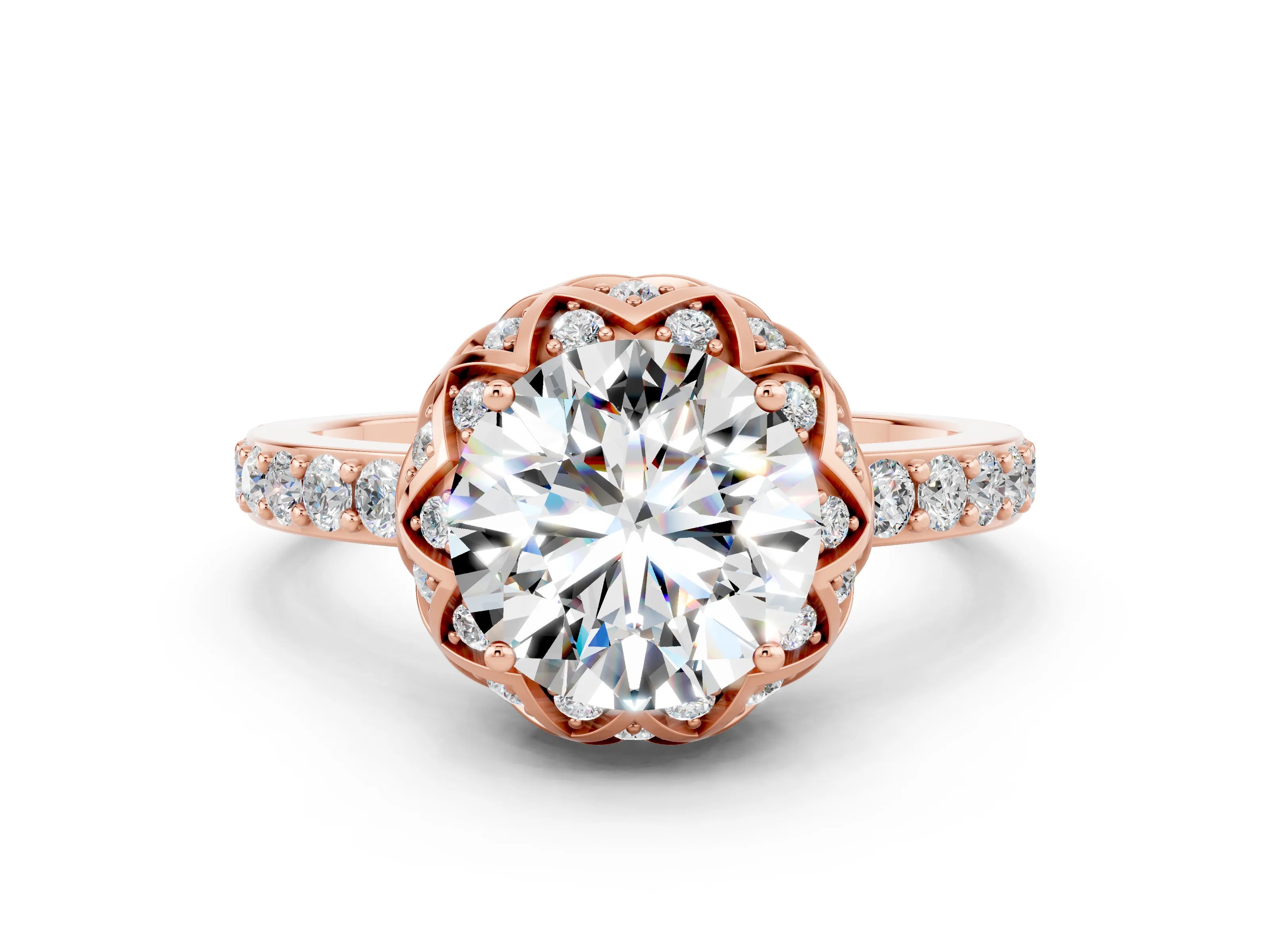 Rose gold Round Cut Diamond Solitaire Ring with Shared Prong Pavé Band