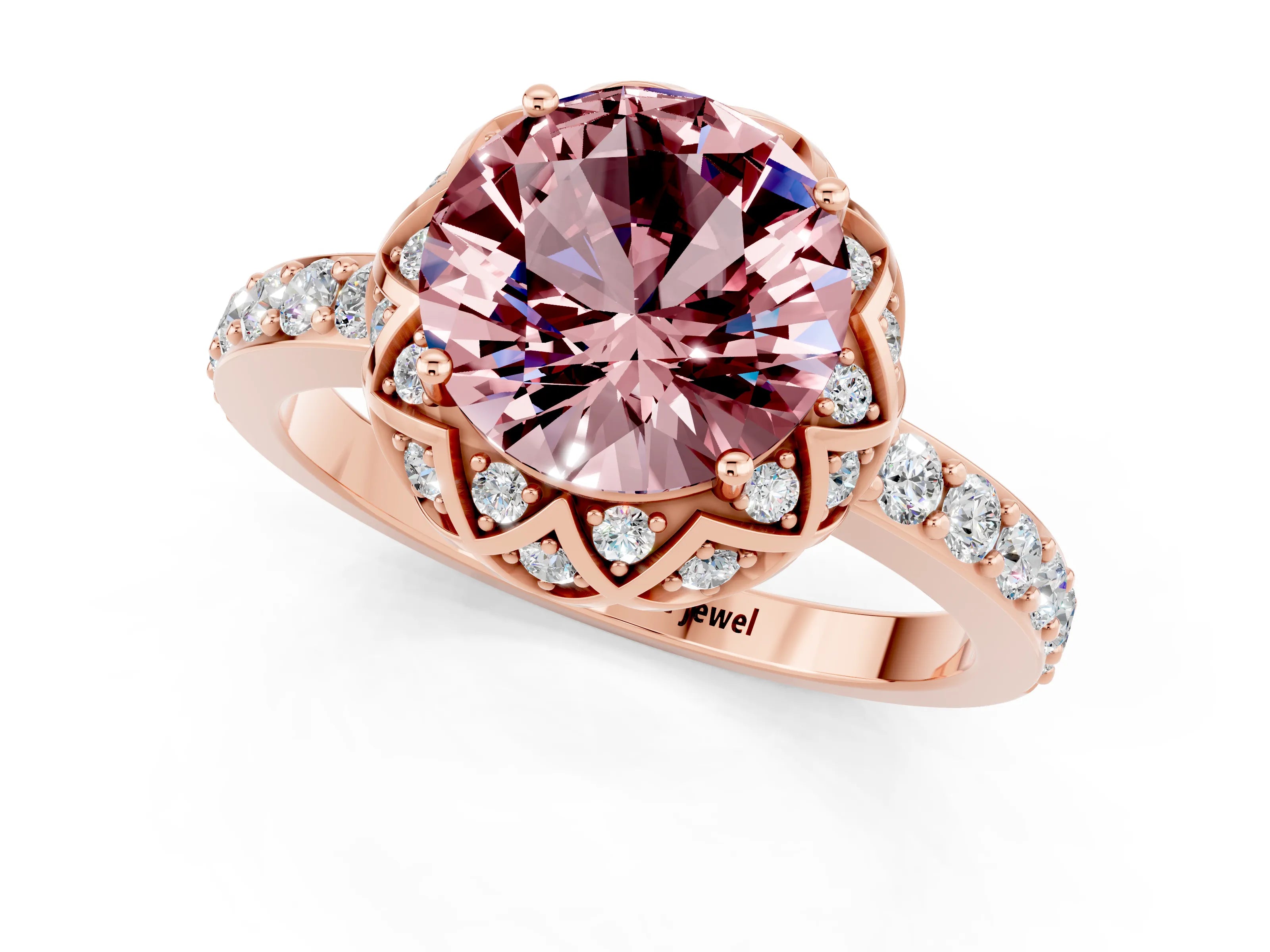Rose gold Round Cut Diamond Solitaire Ring with Shared Prong Pavé Band_1