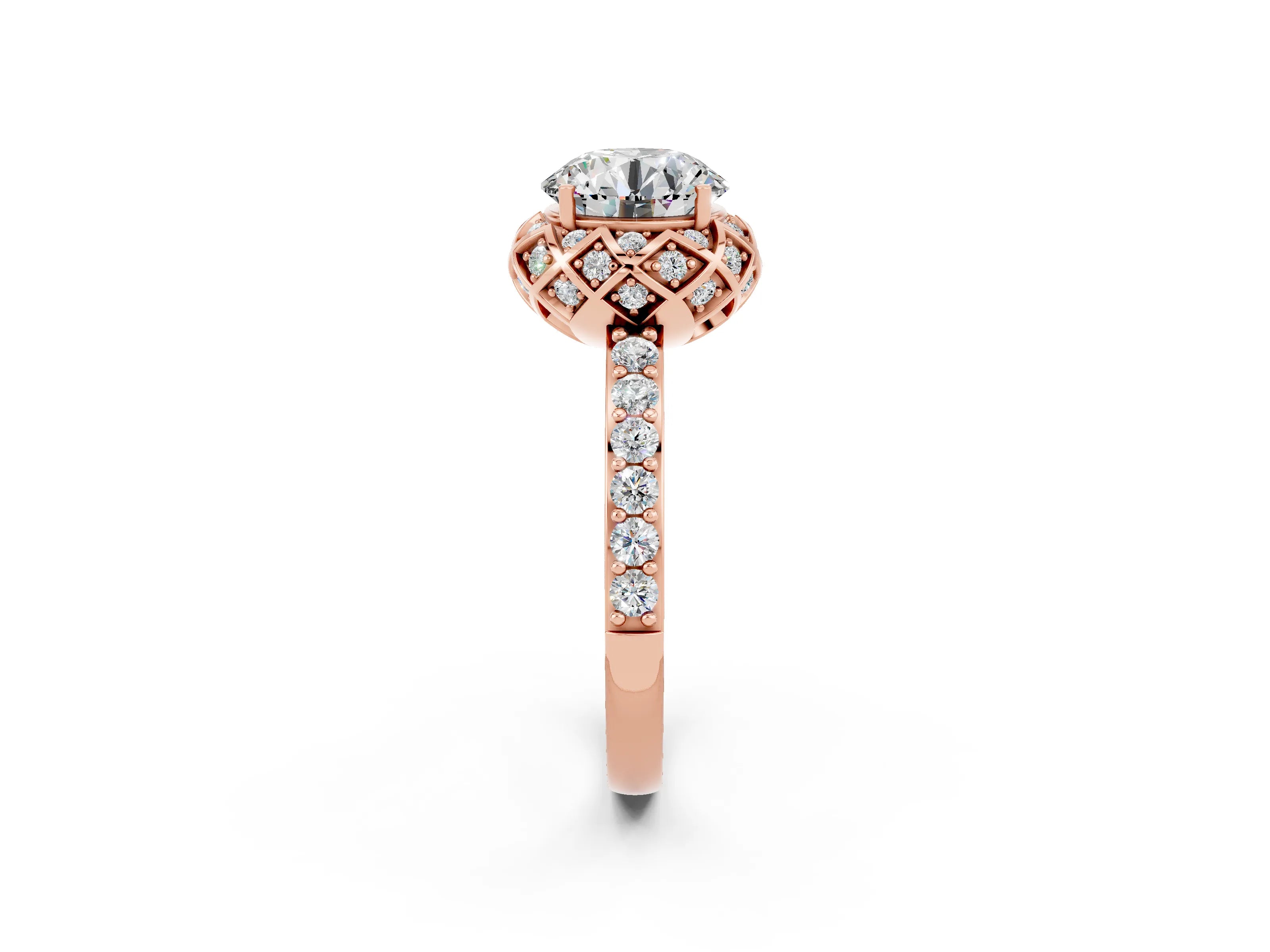 Rose gold Round Cut Diamond Solitaire Ring with Shared Prong Pavé Band_2
