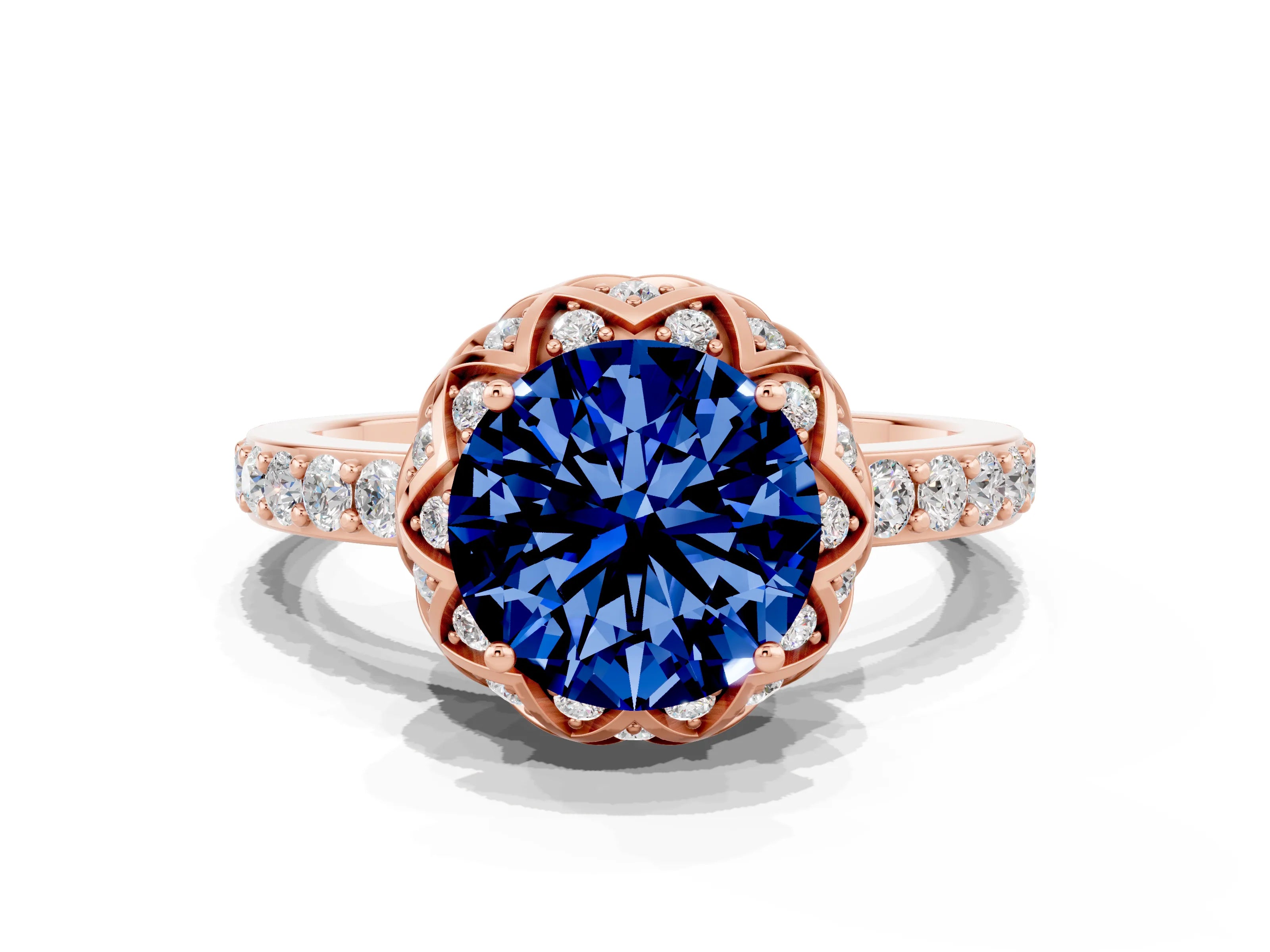 Rose gold Round Cut Diamond Solitaire Ring with Shared Prong Pavé Band