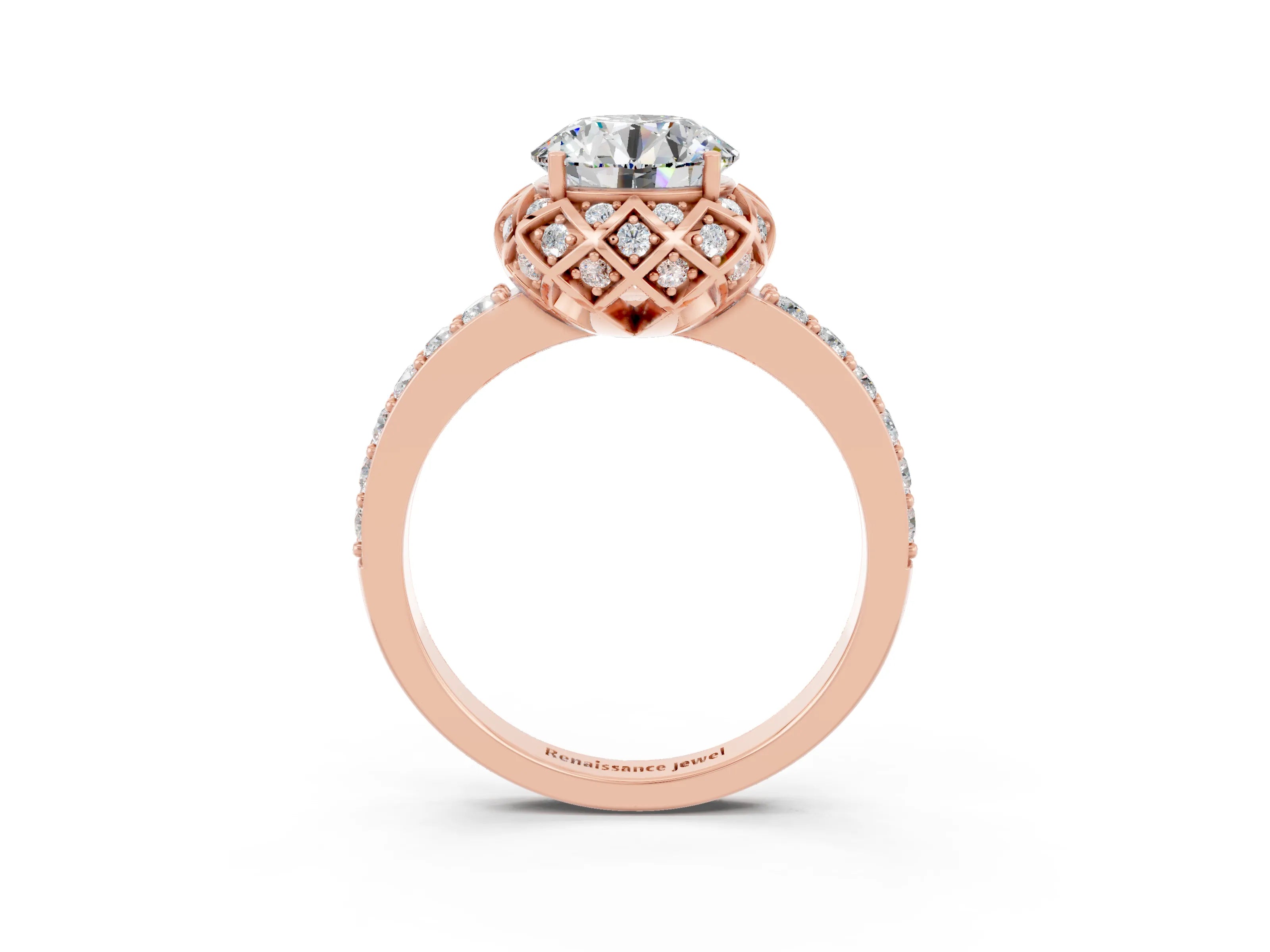 Rose gold Round Cut Diamond Solitaire Ring with Shared Prong Pavé Band_3