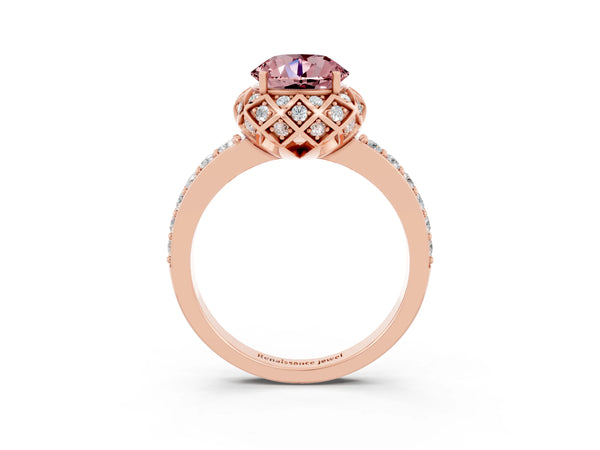 Rose gold Round Cut Diamond Solitaire Ring with Shared Prong Pavé Band