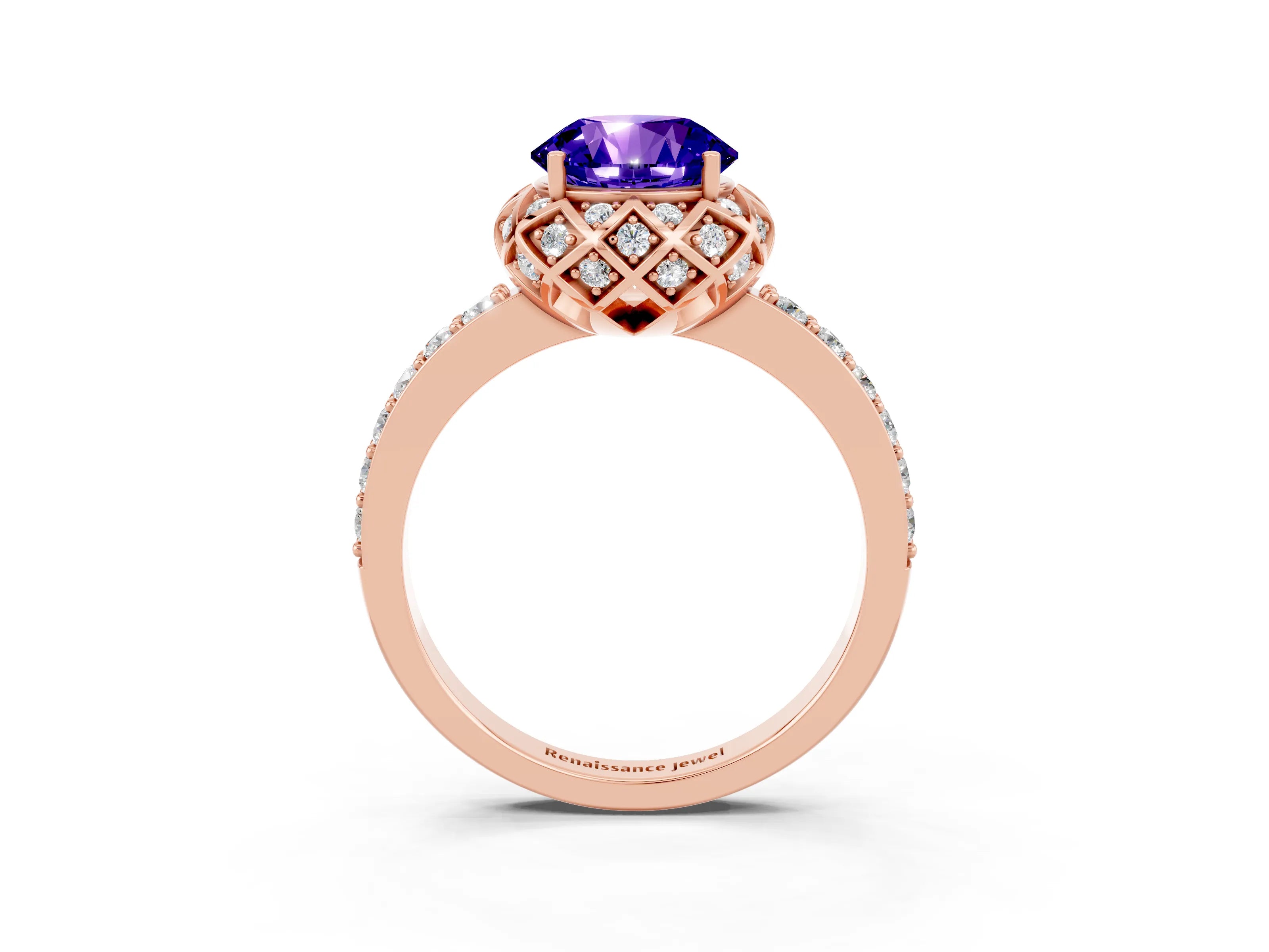 Rose gold Round Cut Diamond Solitaire Ring with Shared Prong Pavé Band_3