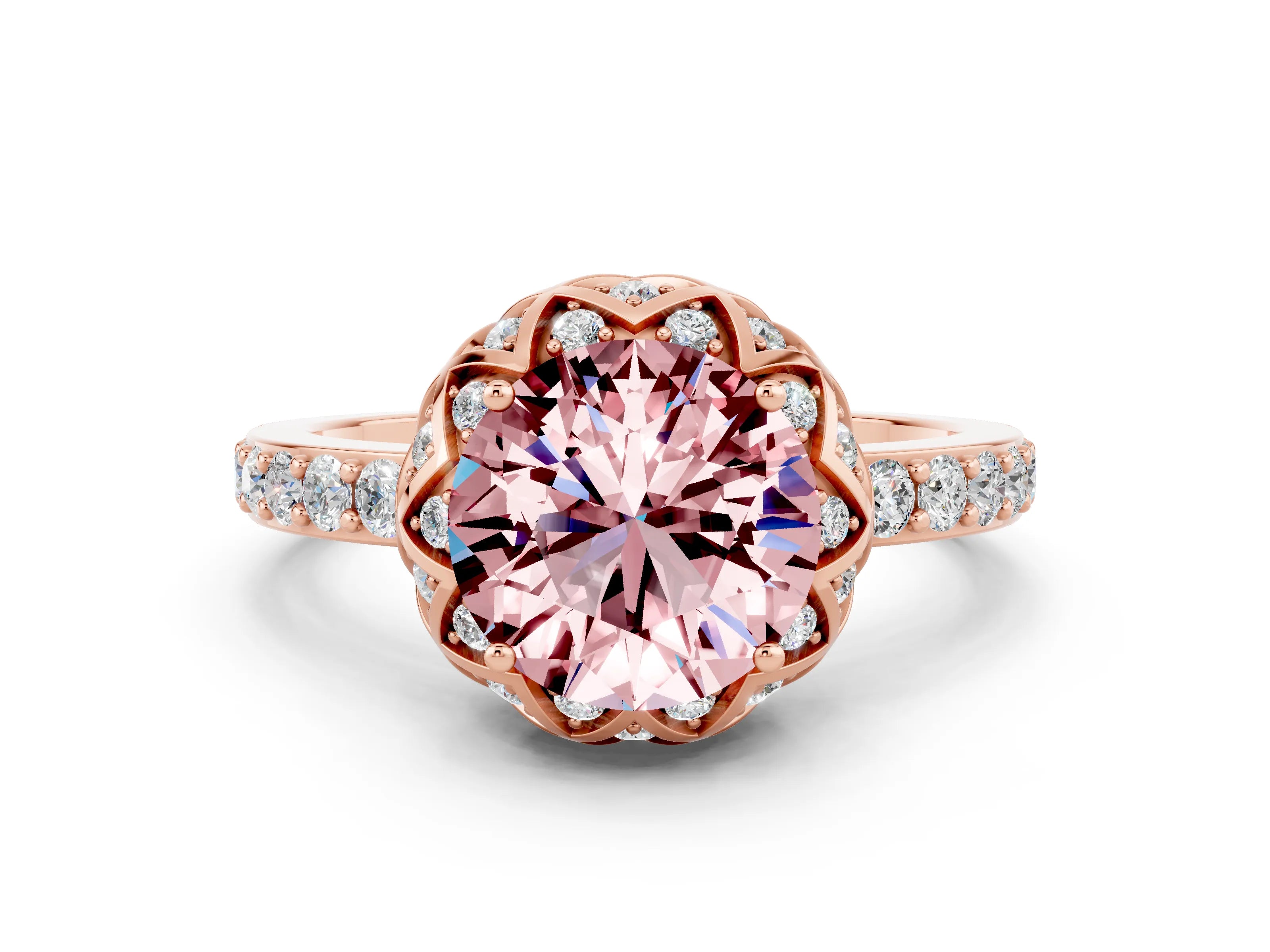 Rose gold Round Cut Diamond Solitaire Ring with Shared Prong Pavé Band