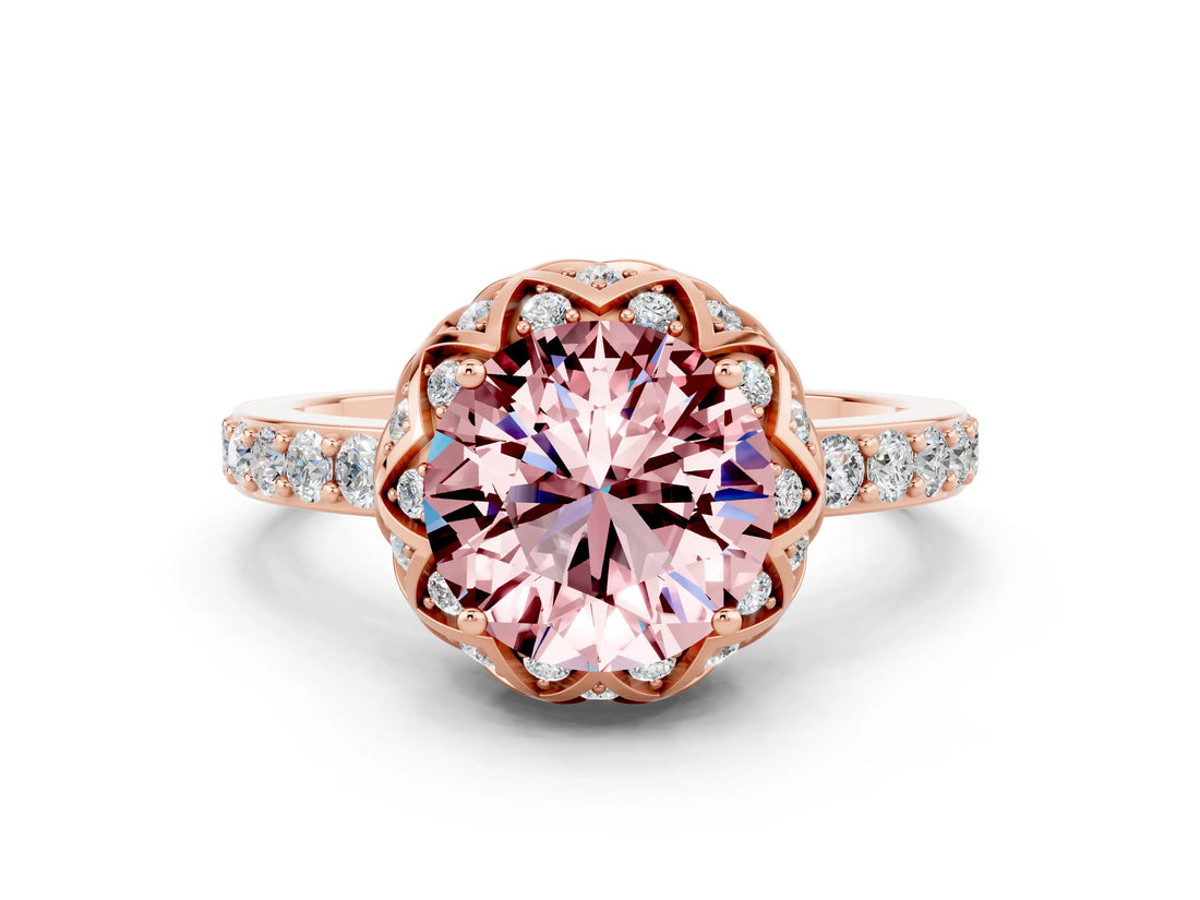 Rose gold Round Cut Diamond Solitaire Ring with Shared Prong Pavé Band