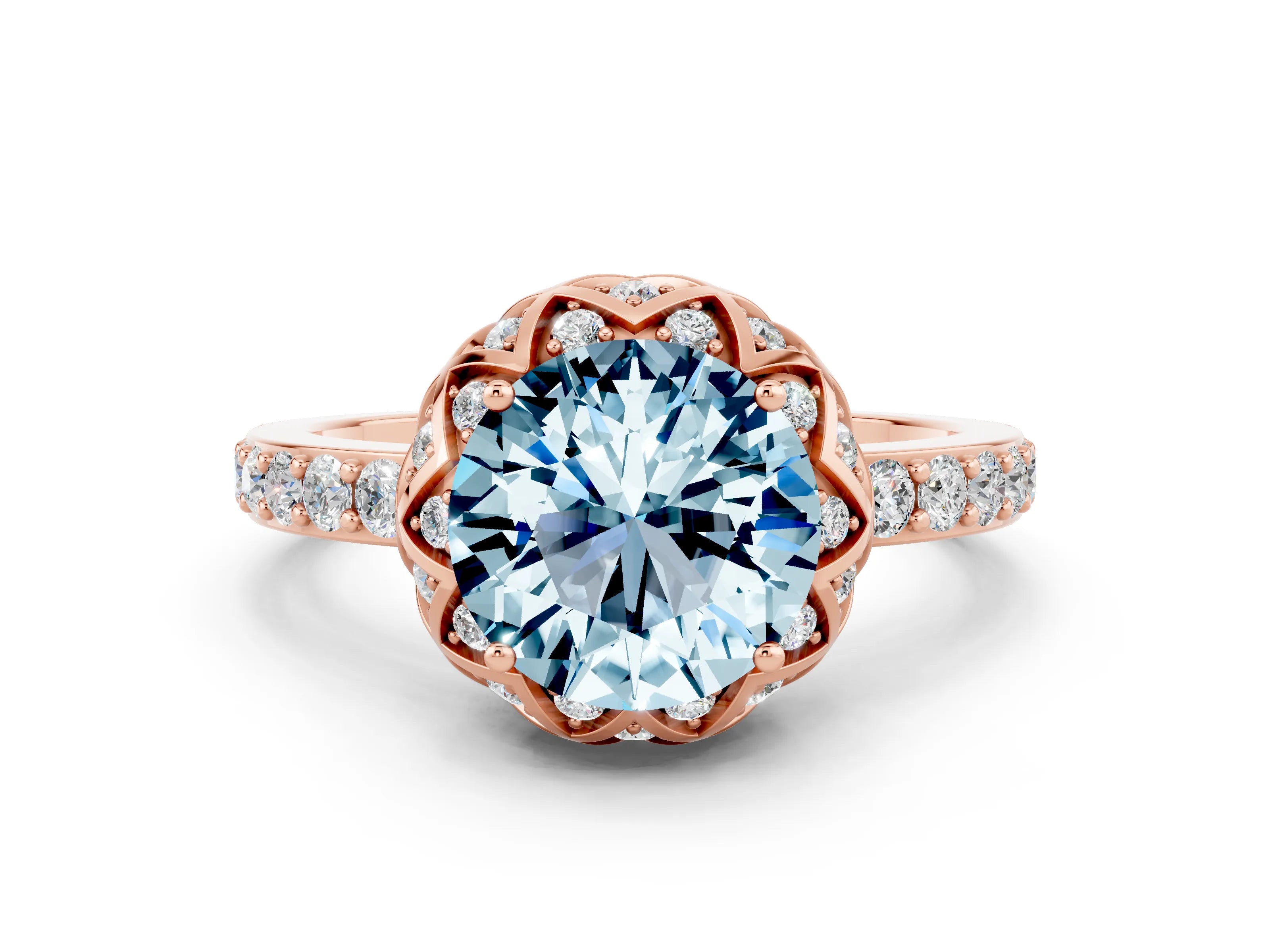 Rose gold Round Cut Diamond Solitaire Ring with Shared Prong Pavé Band