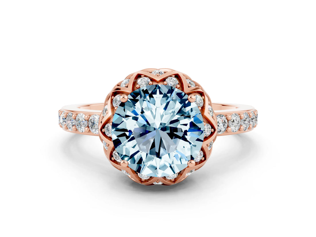 Rose gold Round Cut Diamond Solitaire Ring with Shared Prong Pavé Band