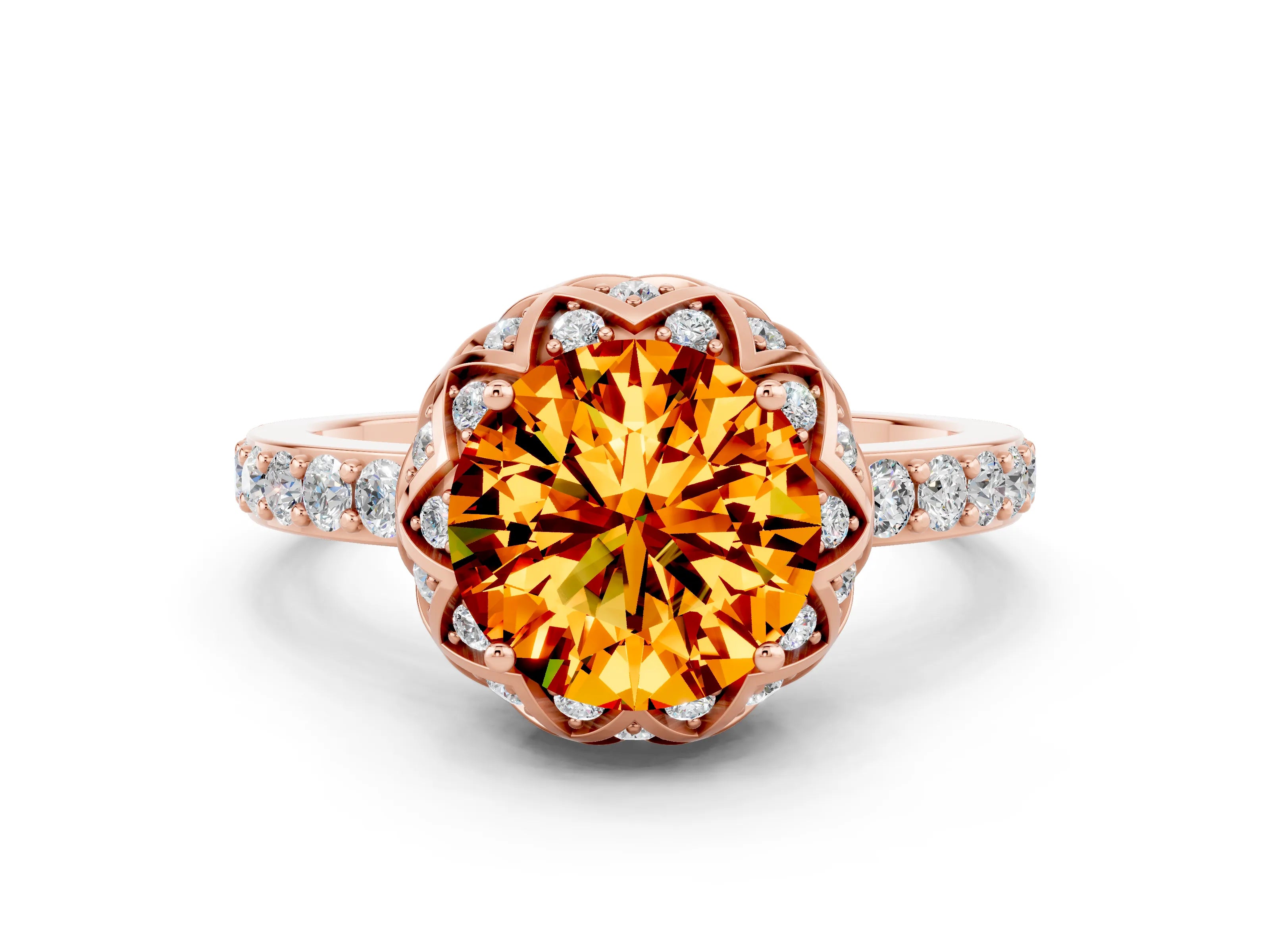 Rose gold Round Cut Diamond Solitaire Ring with Shared Prong Pavé Band