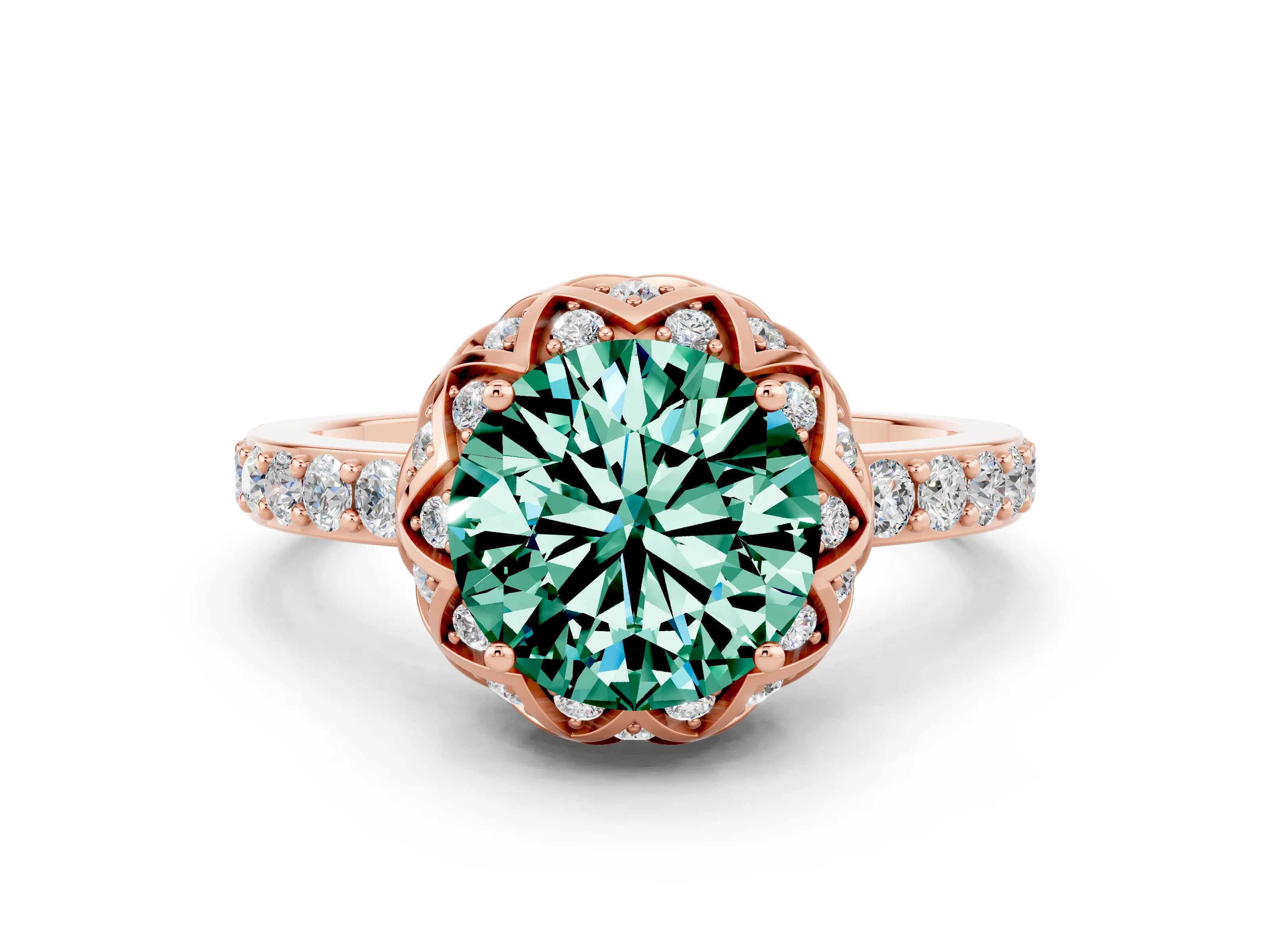 Rose gold Round Cut Diamond Solitaire Ring with Shared Prong Pavé Band
